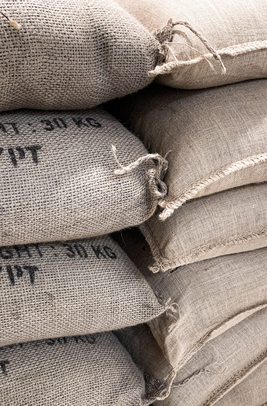 Green coffee sacks at the Waves roastery